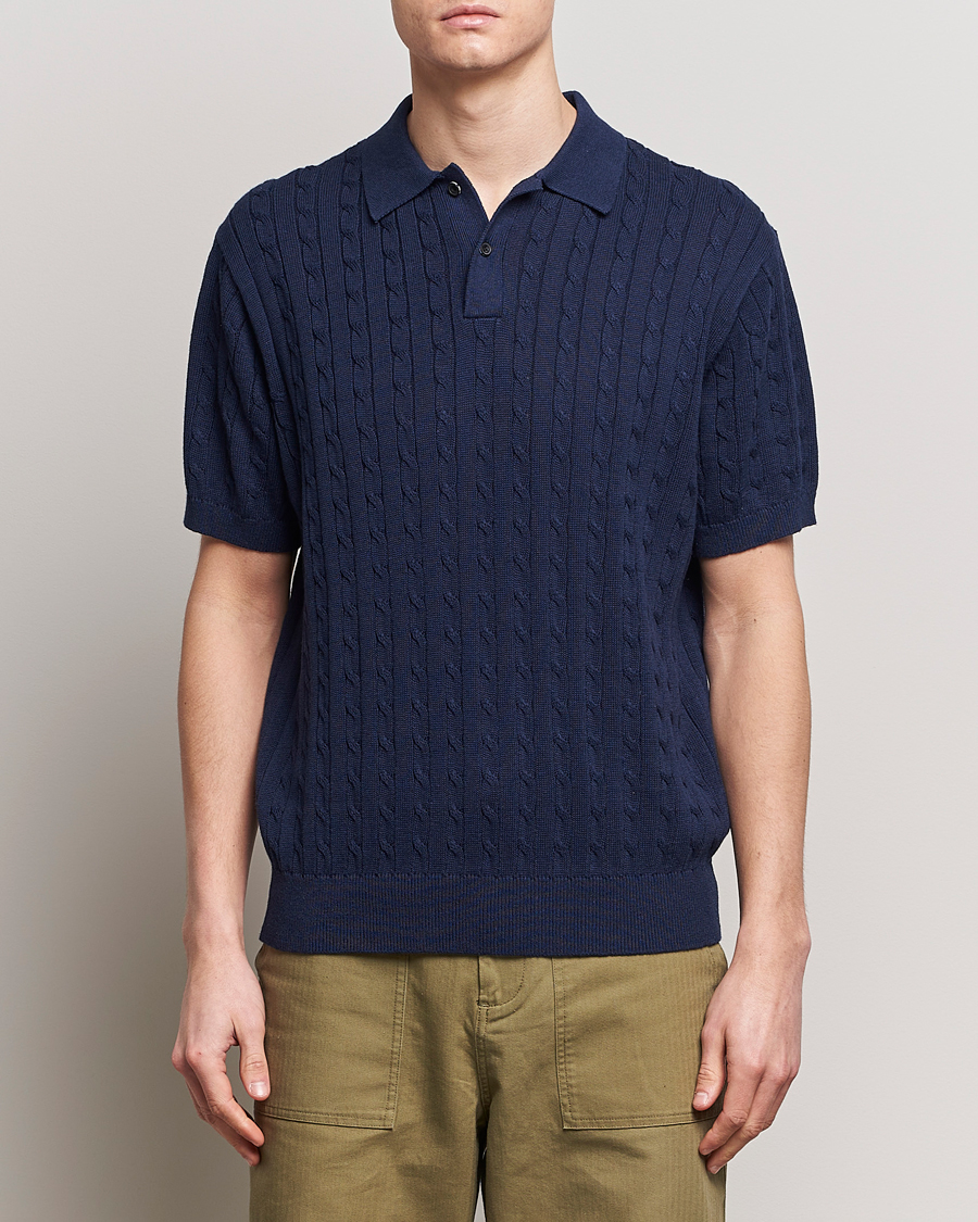 Men | Polo Shirts | BEAMS PLUS | Short Sleeve Cable Polo Navy