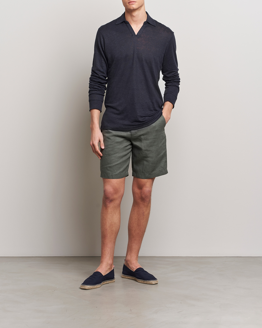 Men | Sweaters & Knitwear | Orlebar Brown | Felix Long Sleeve Slub Linen Polo Night Iris