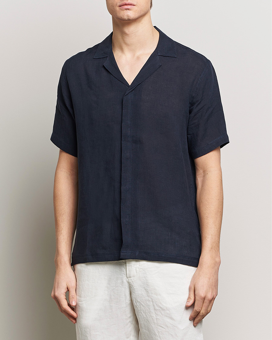 Men | Shirts | Orlebar Brown | Maitan Short Sleeve Linen Shirt Night Iris