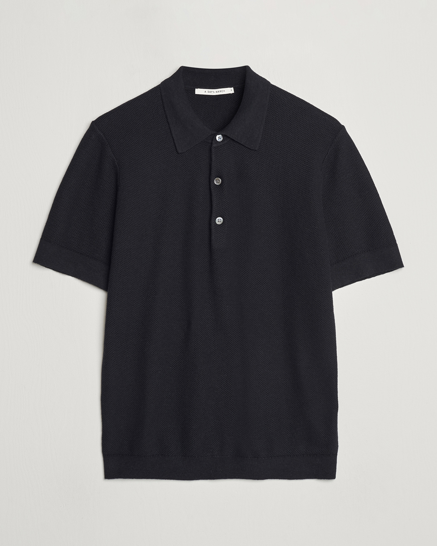 Men | Polo Shirts | A Day's March | Rosehall Popcorn Stitch Polo Black