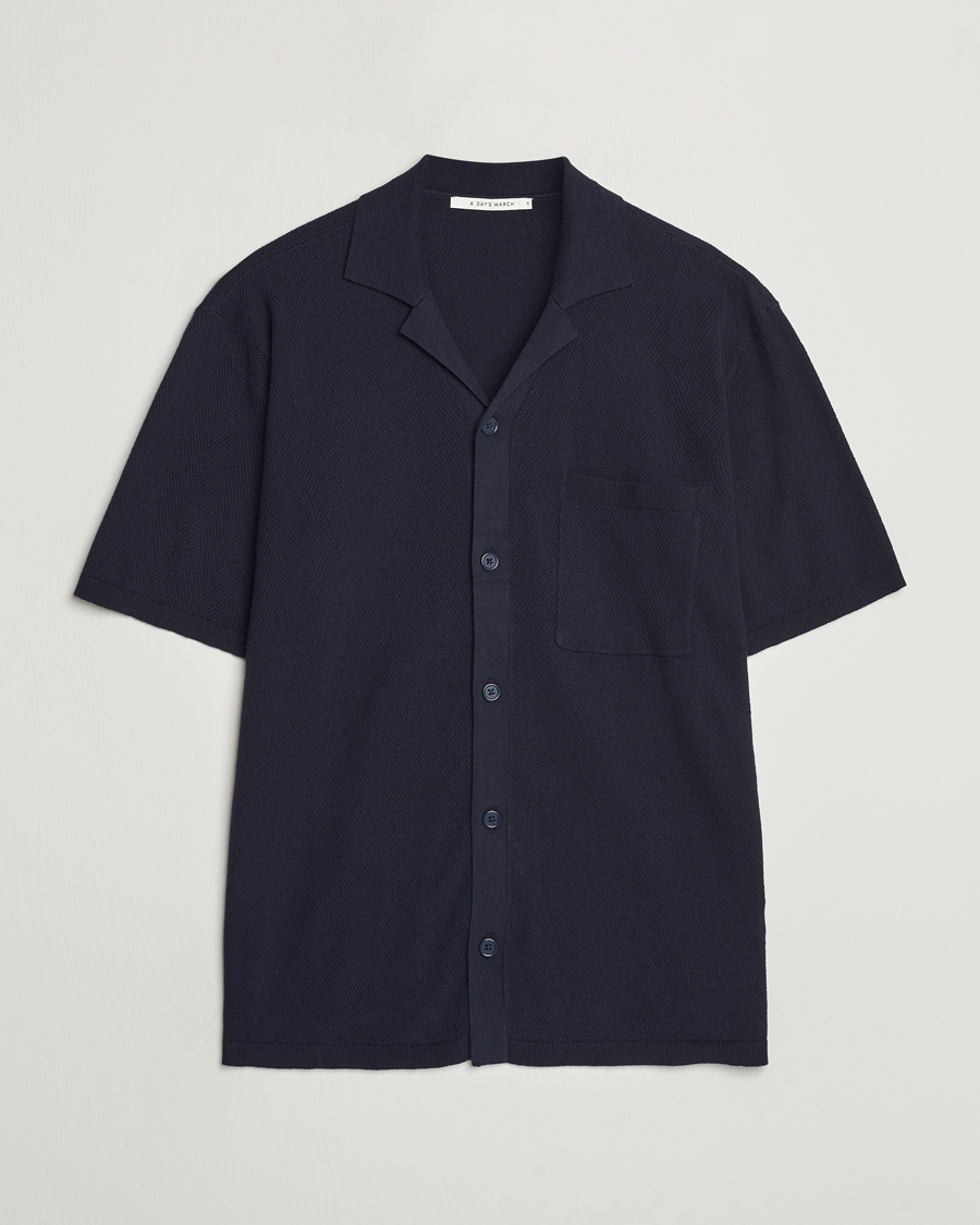 Men | Shirts | A Day's March | Yamu Knitted Herringbone Shirt Navy