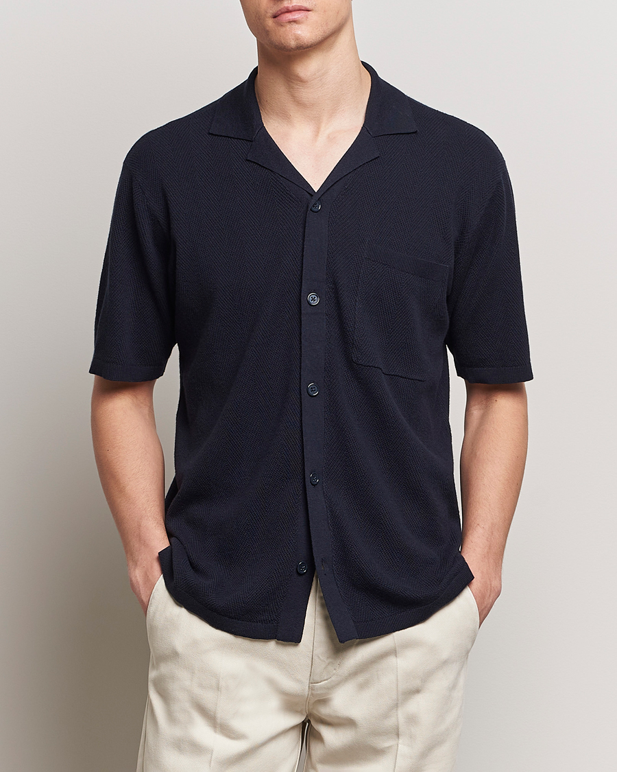 Men | Shirts | A Day's March | Yamu Knitted Herringbone Shirt Navy