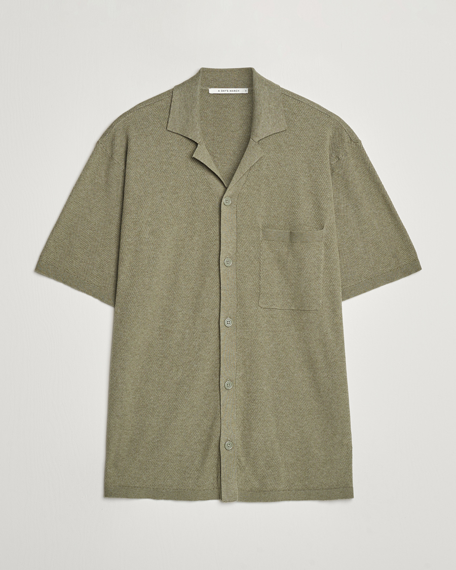 Men | Shirts | A Day's March | Yamu Knitted Herringbone Shirt Olive