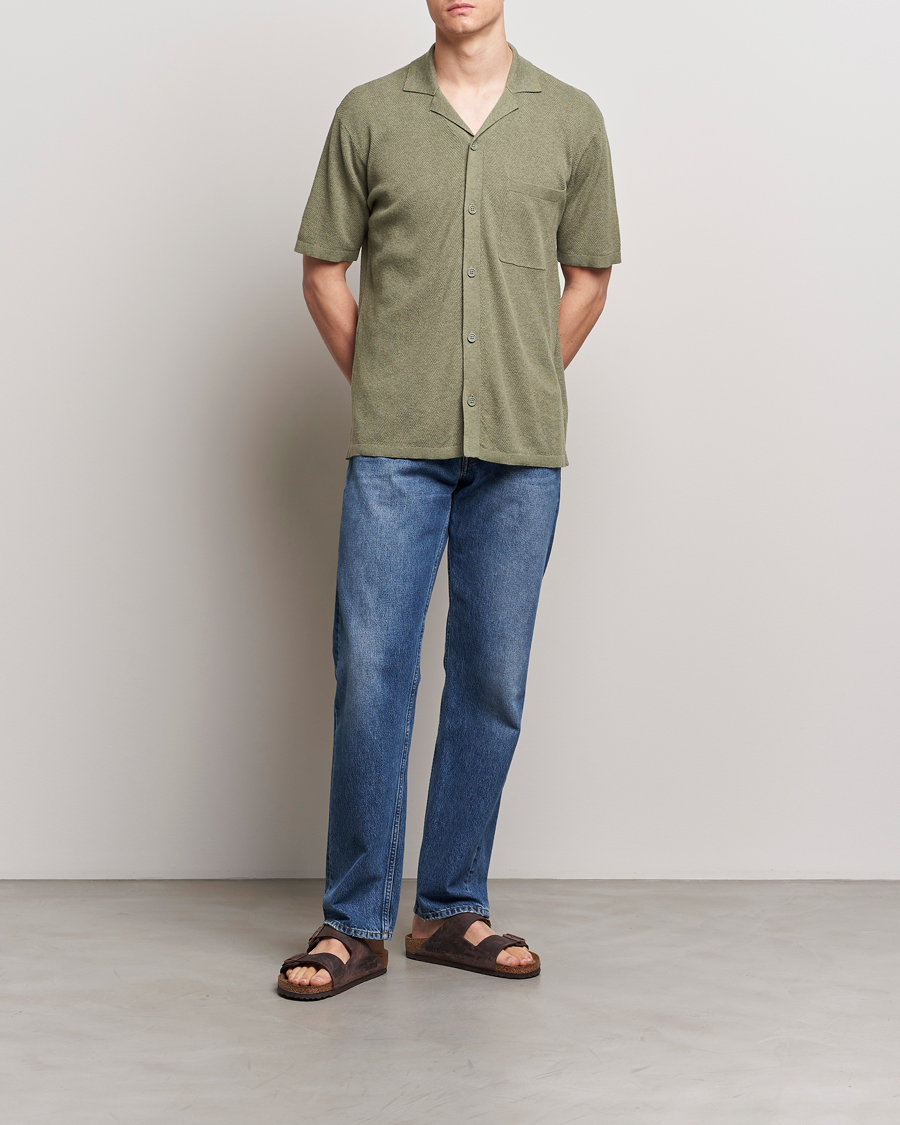 Men | Shirts | A Day's March | Yamu Knitted Herringbone Shirt Olive