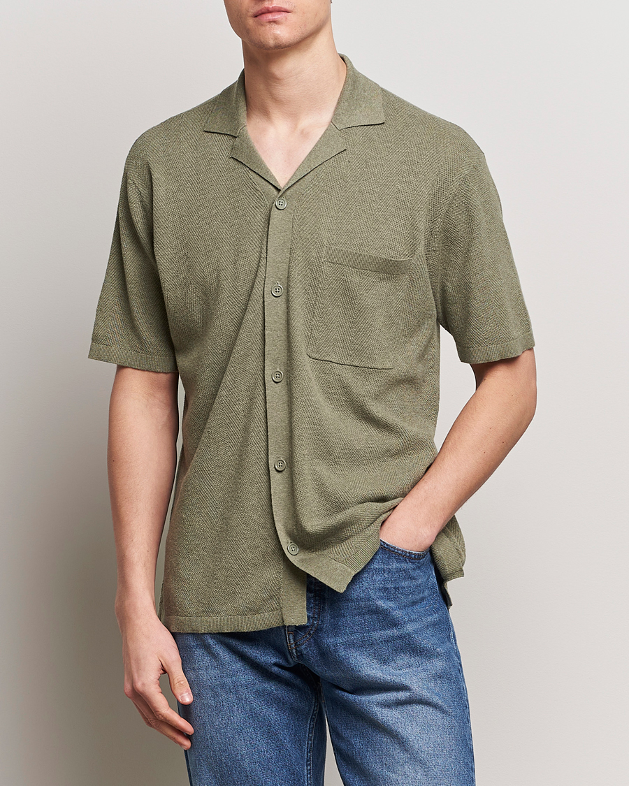 Men | Shirts | A Day's March | Yamu Knitted Herringbone Shirt Olive