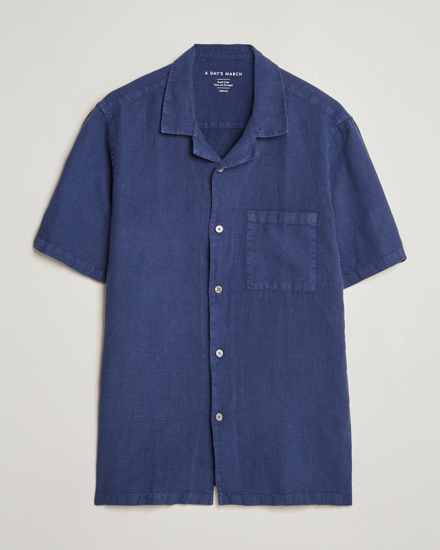 Men | Shirts | A Day's March | Yamu Short Sleeve Linen Shirt Brewers Blue