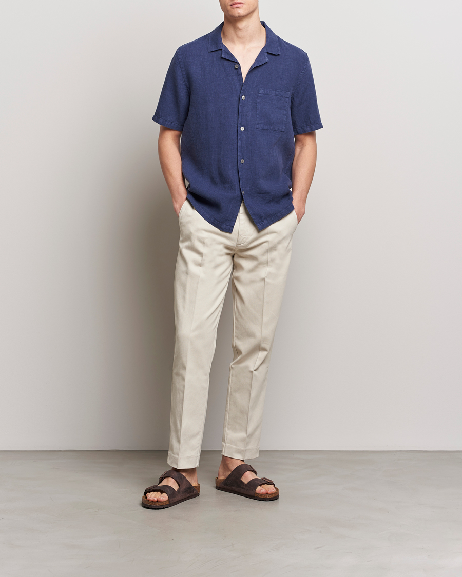 Men | Shirts | A Day's March | Yamu Short Sleeve Linen Shirt Brewers Blue