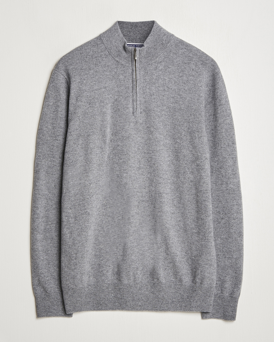 Men | Sweaters & Knitwear | Charles Tyrwhitt | Pure Cashmere Zip Neck Jumper Grey
