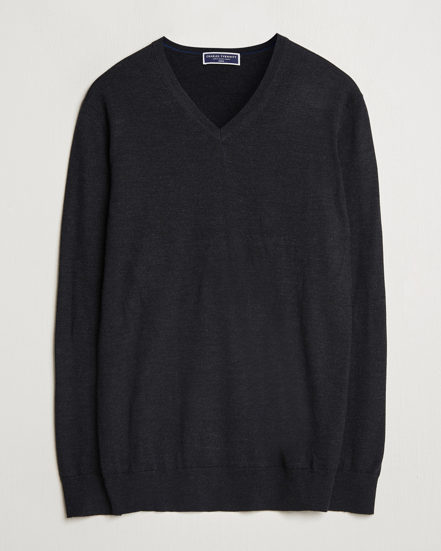 Men | Sweaters & Knitwear | Charles Tyrwhitt | Pure Merino V-Neck Jumper Dark Charcoal