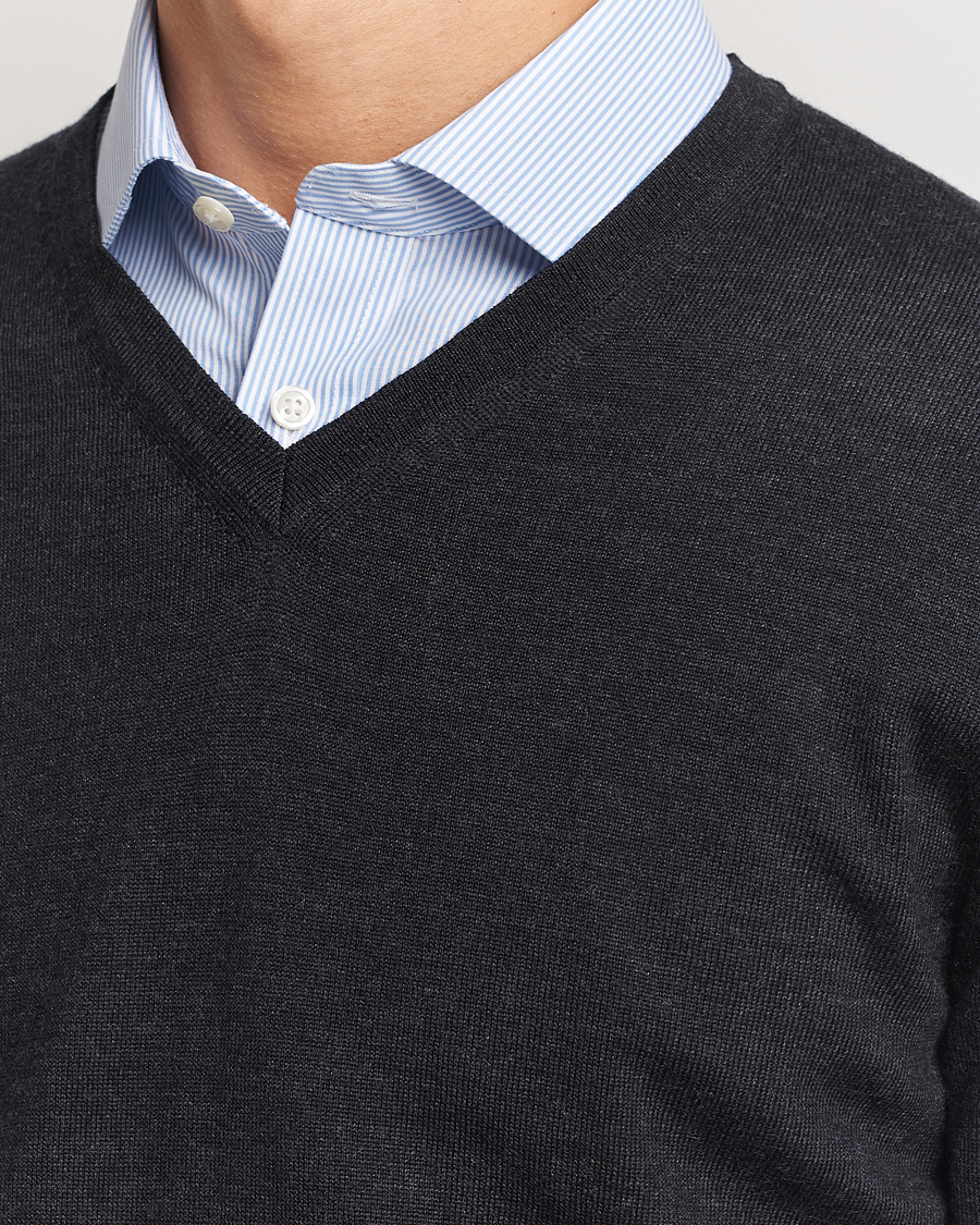Men | Sweaters & Knitwear | Charles Tyrwhitt | Pure Merino V-Neck Jumper Dark Charcoal