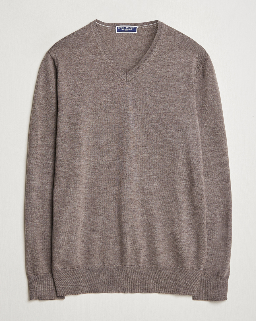 Men | Sweaters & Knitwear | Charles Tyrwhitt | Pure Merino V-Neck Jumper Mocha