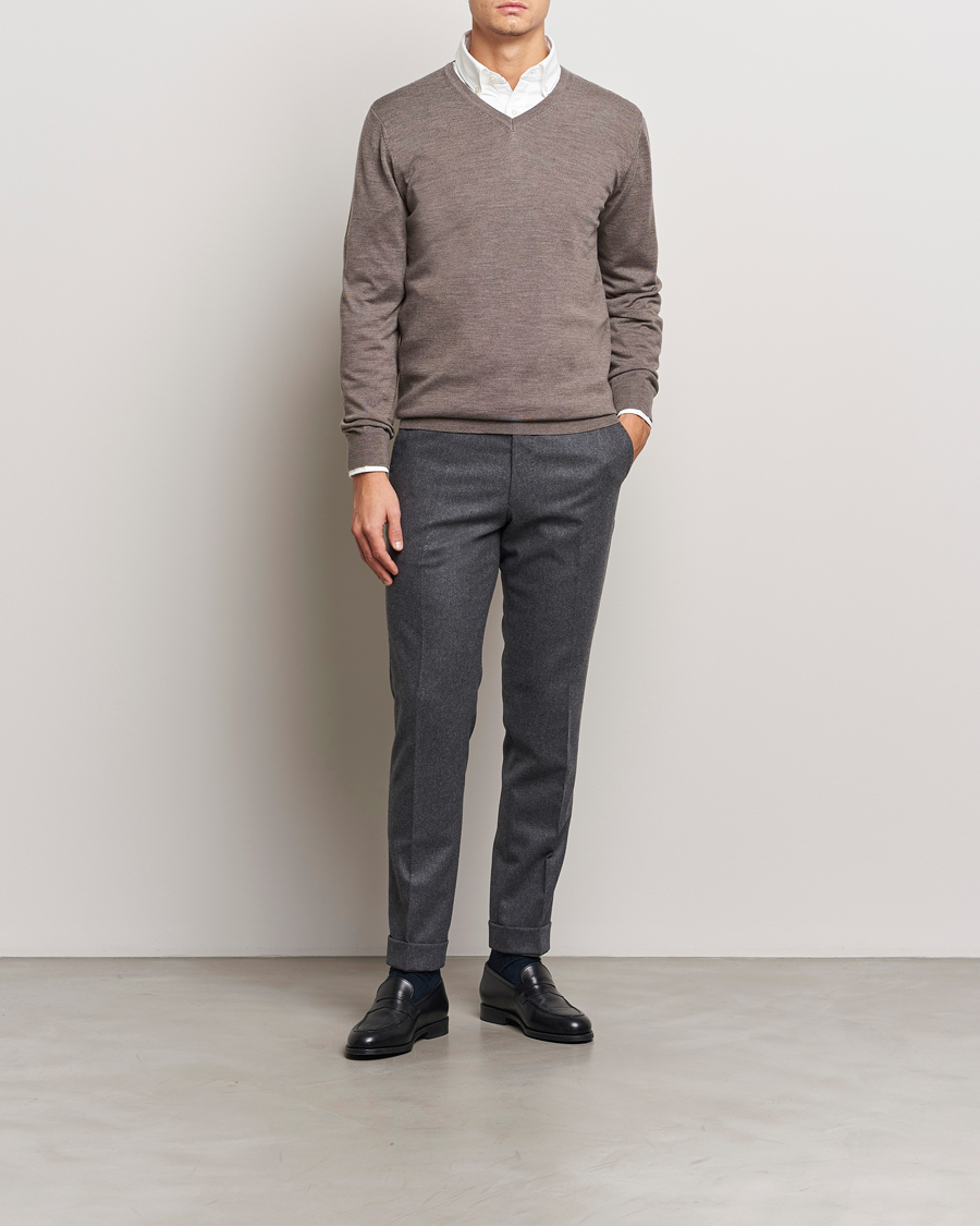 Men | Sweaters & Knitwear | Charles Tyrwhitt | Pure Merino V-Neck Jumper Mocha