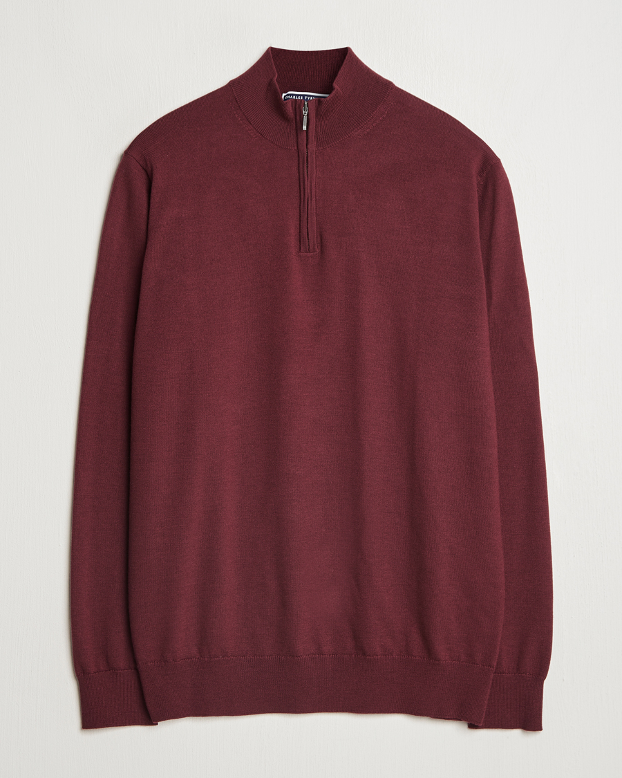 Men | Sweaters & Knitwear | Charles Tyrwhitt | Pure Merino Zip Neck Jumper Burgundy Red