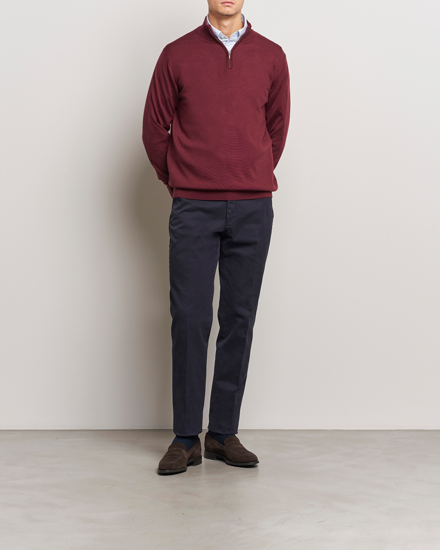 Men | Sweaters & Knitwear | Charles Tyrwhitt | Pure Merino Zip Neck Jumper Burgundy Red