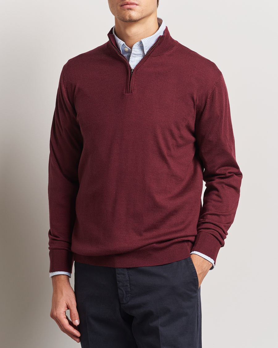 Men | Sweaters & Knitwear | Charles Tyrwhitt | Pure Merino Zip Neck Jumper Burgundy Red
