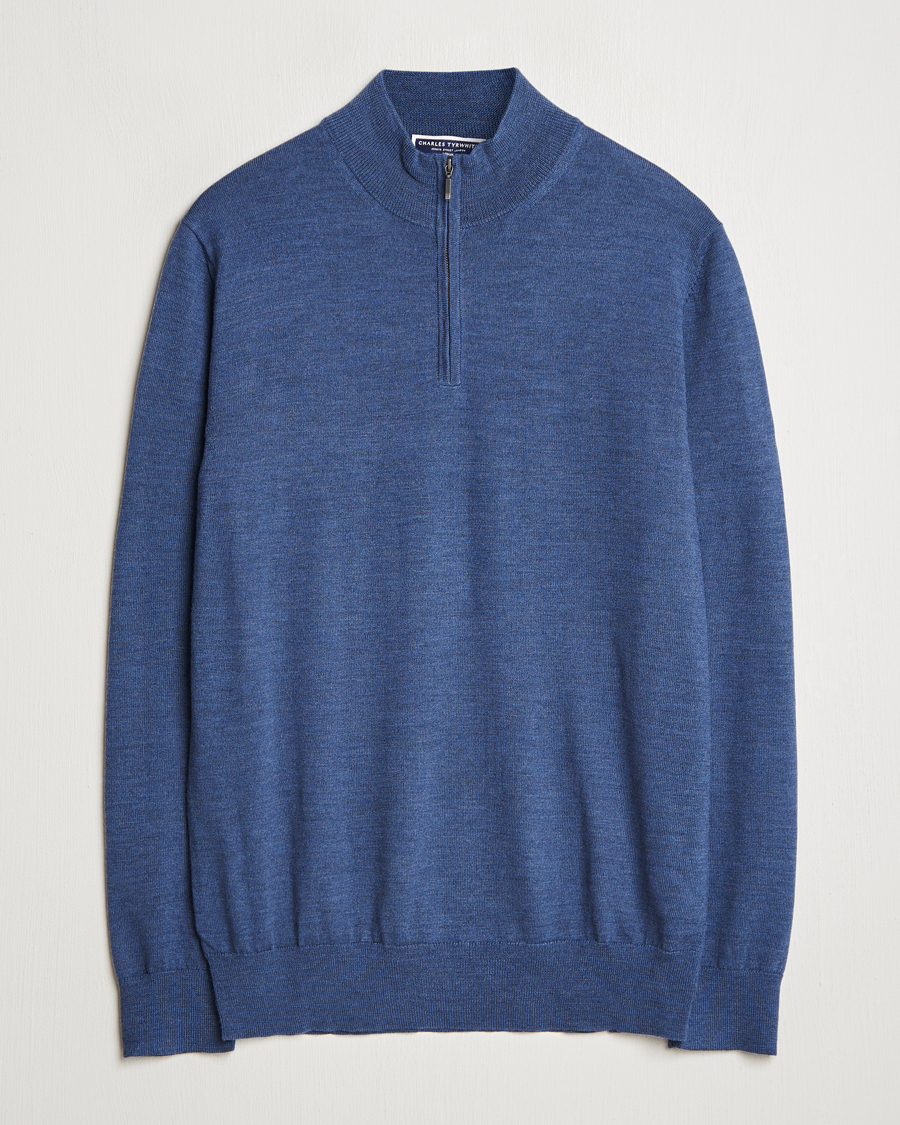 Men | Sweaters & Knitwear | Charles Tyrwhitt | Pure Merino Zip Neck Jumper Indigo Blue