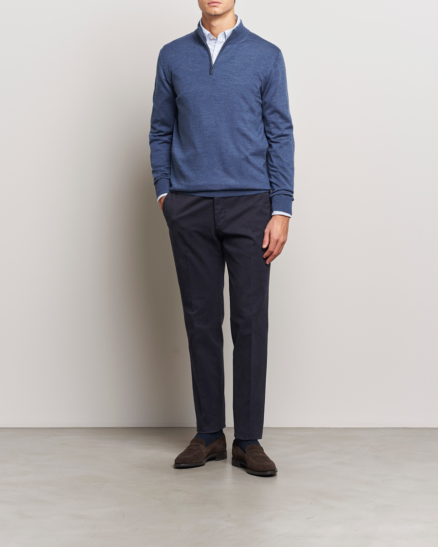 Men | Sweaters & Knitwear | Charles Tyrwhitt | Pure Merino Zip Neck Jumper Indigo Blue