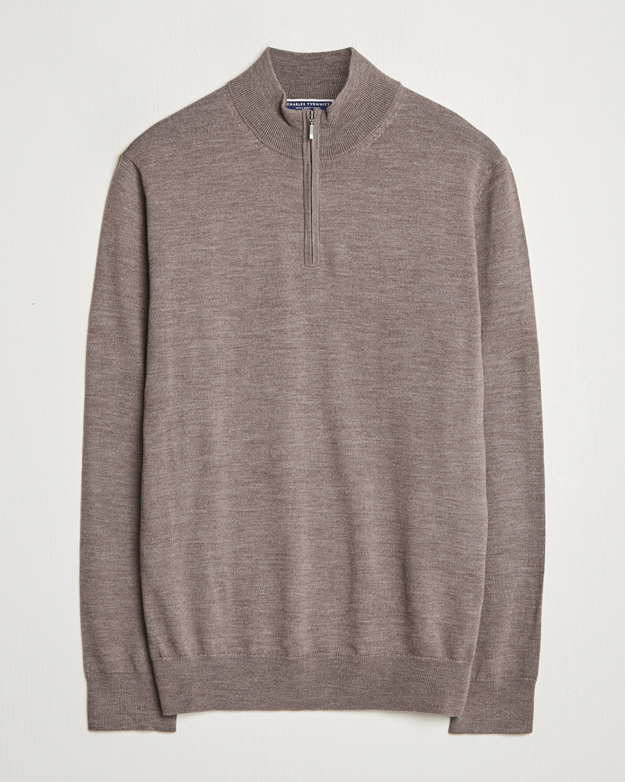 Men | Sweaters & Knitwear | Charles Tyrwhitt | Pure Merino Zip Neck Jumper Mocha