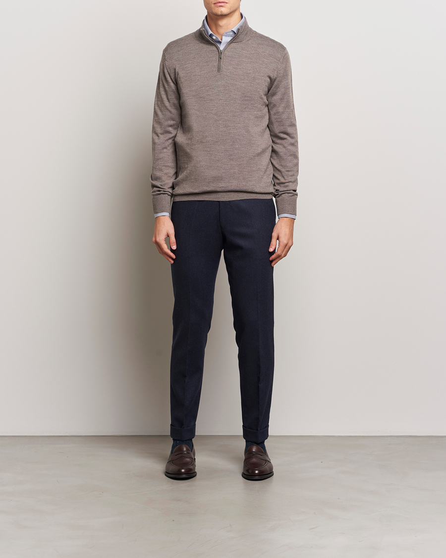 Men | Sweaters & Knitwear | Charles Tyrwhitt | Pure Merino Zip Neck Jumper Mocha