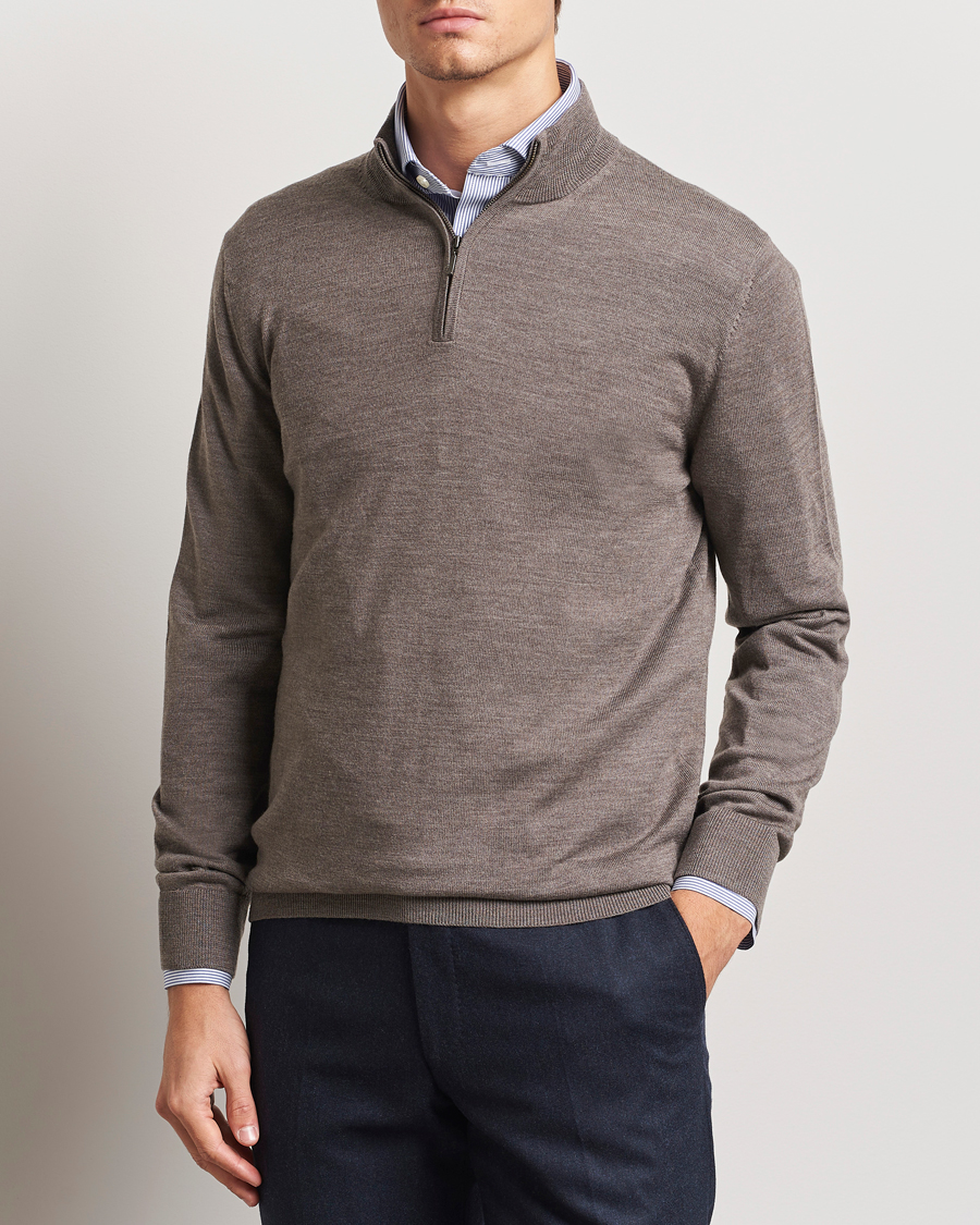 Men | Sweaters & Knitwear | Charles Tyrwhitt | Pure Merino Zip Neck Jumper Mocha
