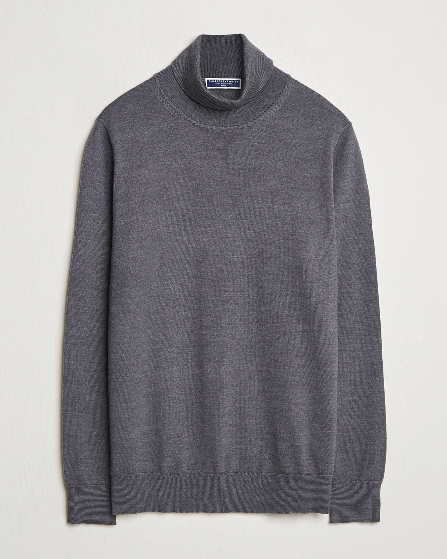 Men | Sweaters & Knitwear | Charles Tyrwhitt | Pure Merino Roll Neck Jumper Grey
