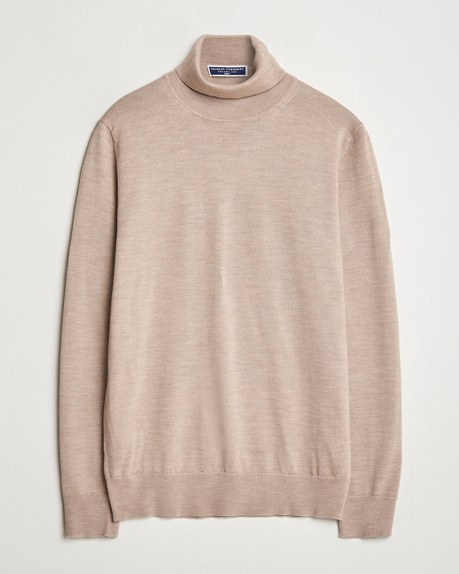 Men | Sweaters & Knitwear | Charles Tyrwhitt | Pure Merino Roll Neck Jumper Oatmeal