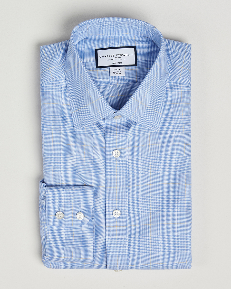 Men | Shirts | Charles Tyrwhitt | Slim Fit Non Iron Prince of Wales Shirt Blue Gold