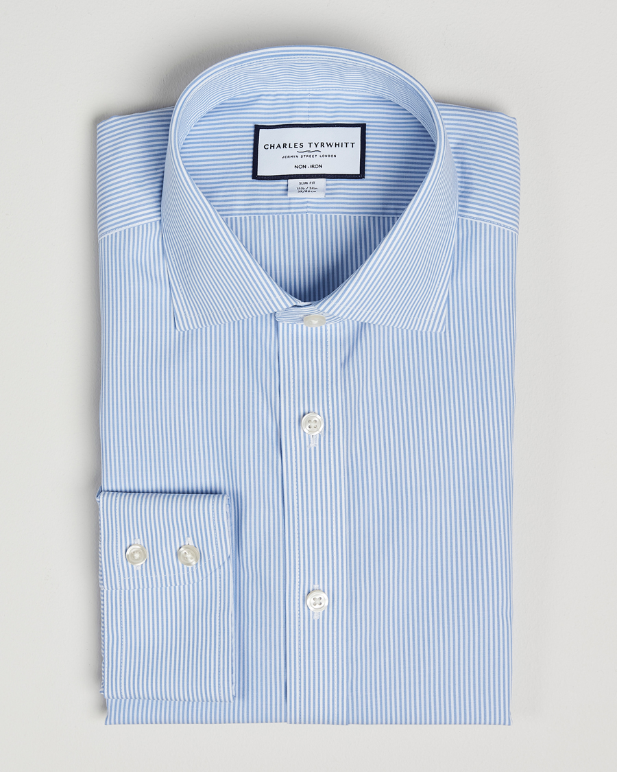 Men | Shirts | Charles Tyrwhitt | Slim Fit Non Iron Bengal Stripe Poplin Shirt Sky Blue