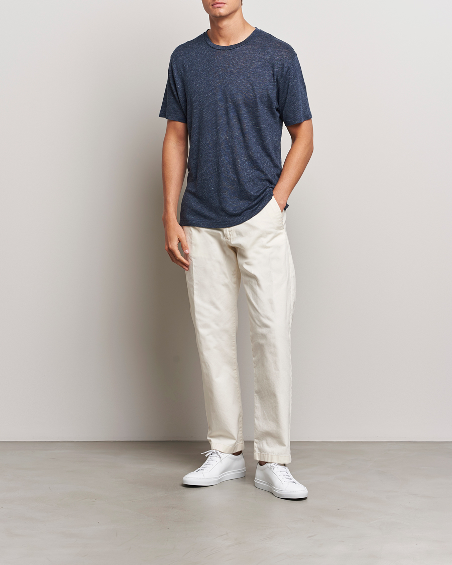 Men | T-Shirts | Sunspel | Linen T-Shirt Navy Melange
