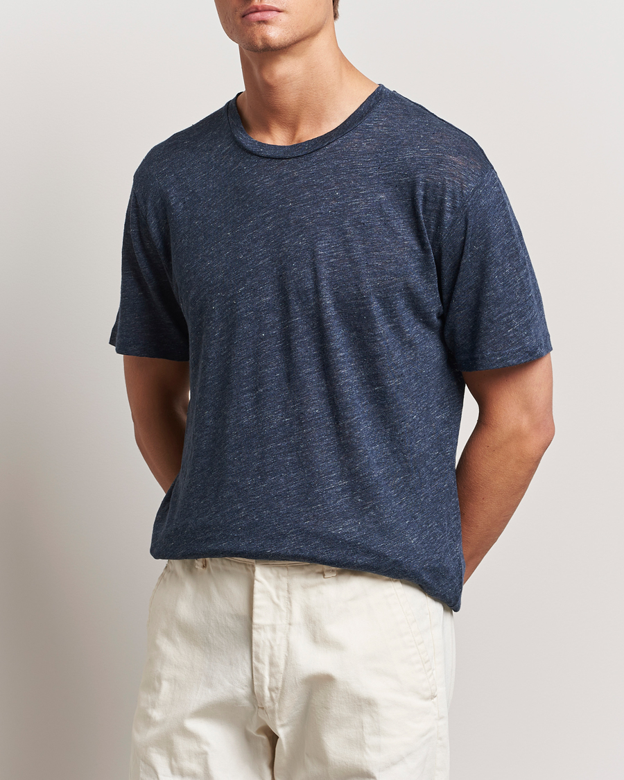 Men | T-Shirts | Sunspel | Linen T-Shirt Navy Melange