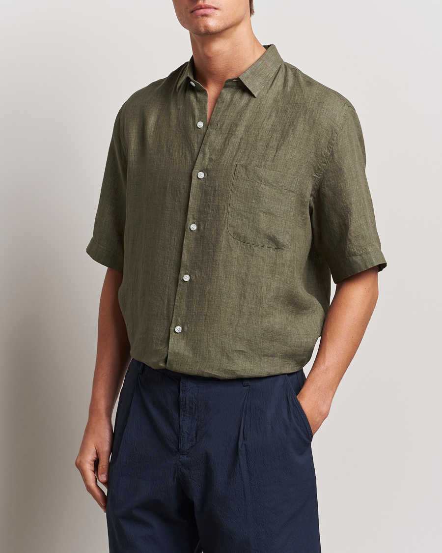 Men | Shirts | Sunspel | Short Sleeved Linen Shirt Khaki