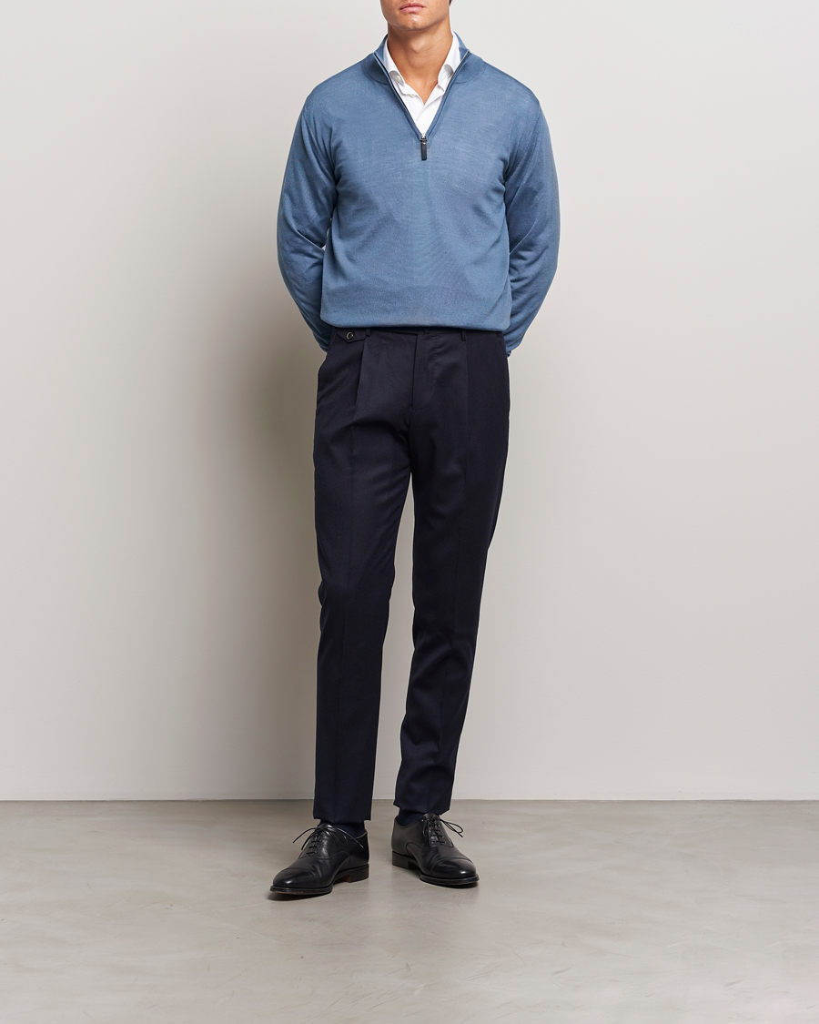 Men | Sweaters & Knitwear | Canali | Merino Wool Half Zip Light Blue