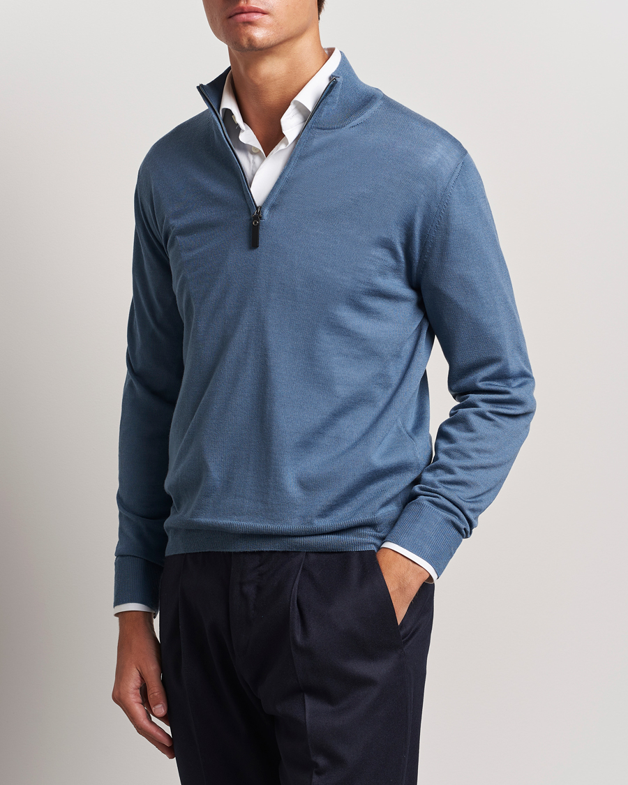 Men | Sweaters & Knitwear | Canali | Merino Wool Half Zip Light Blue