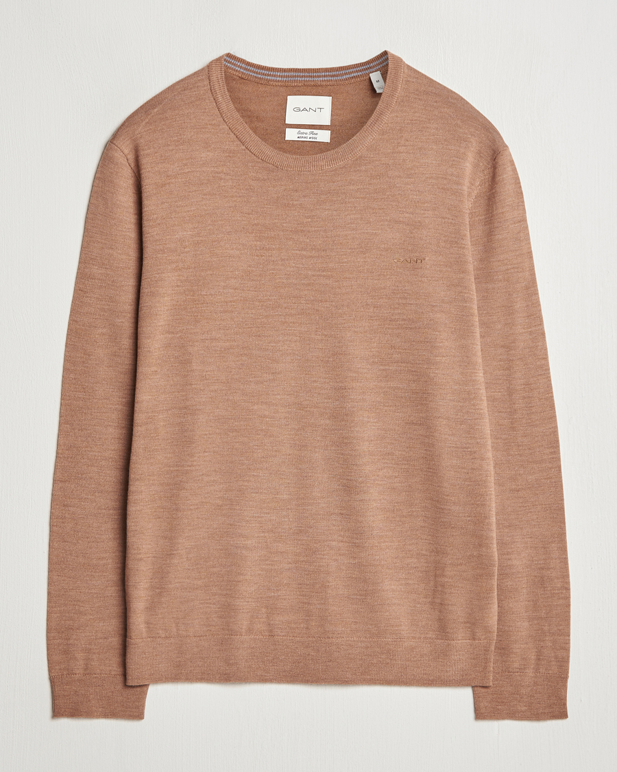Men | Sweaters & Knitwear | GANT | Extrafine Merino Wool C-Neck Dk Sand Melange