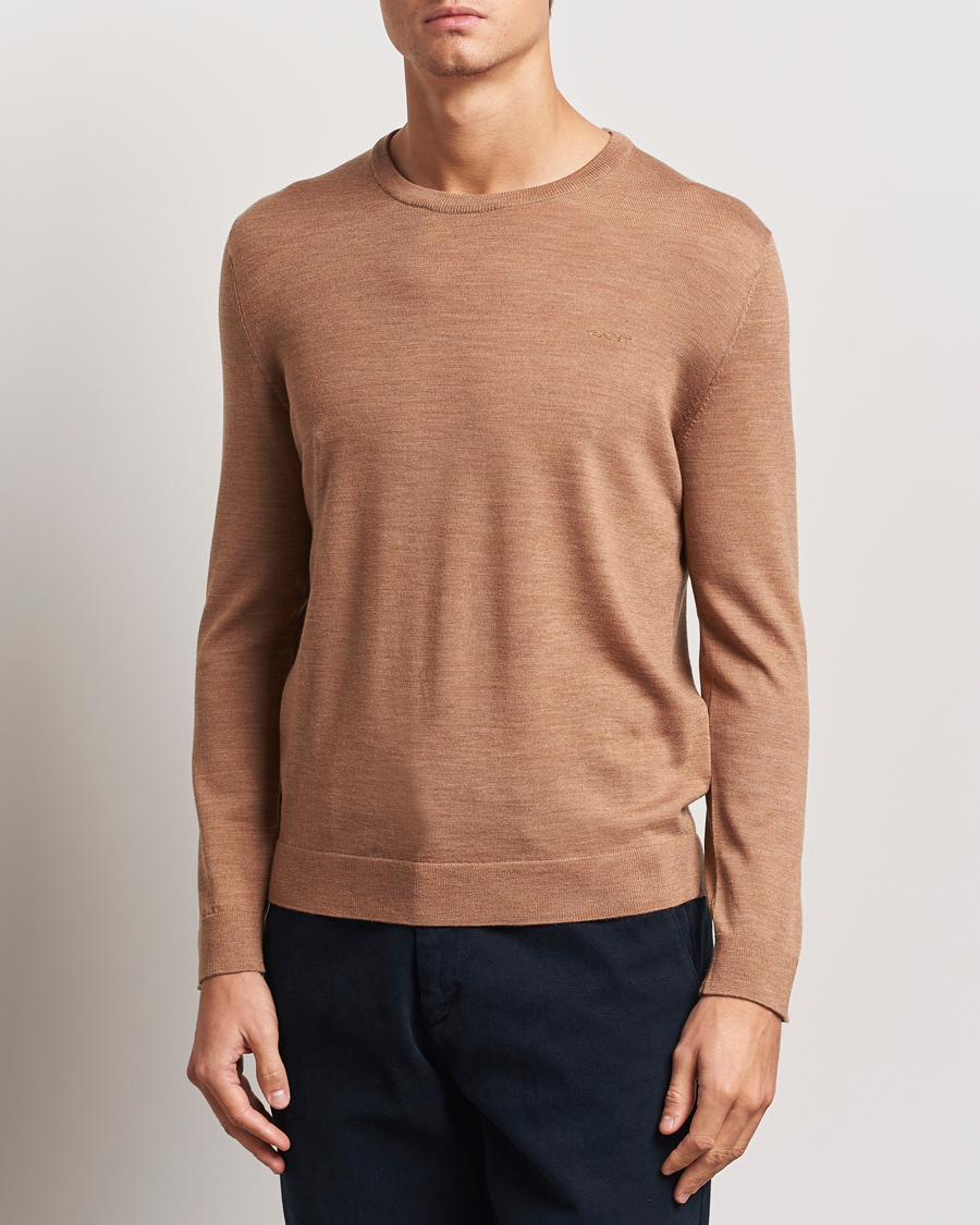 Men | Sweaters & Knitwear | GANT | Extrafine Merino Wool C-Neck Dk Sand Melange