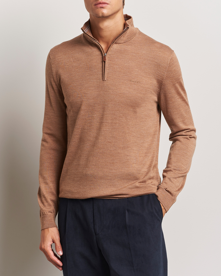Men | Sweaters & Knitwear | GANT | Extrafine Merino Wool Half Zip Dk Sand Melange