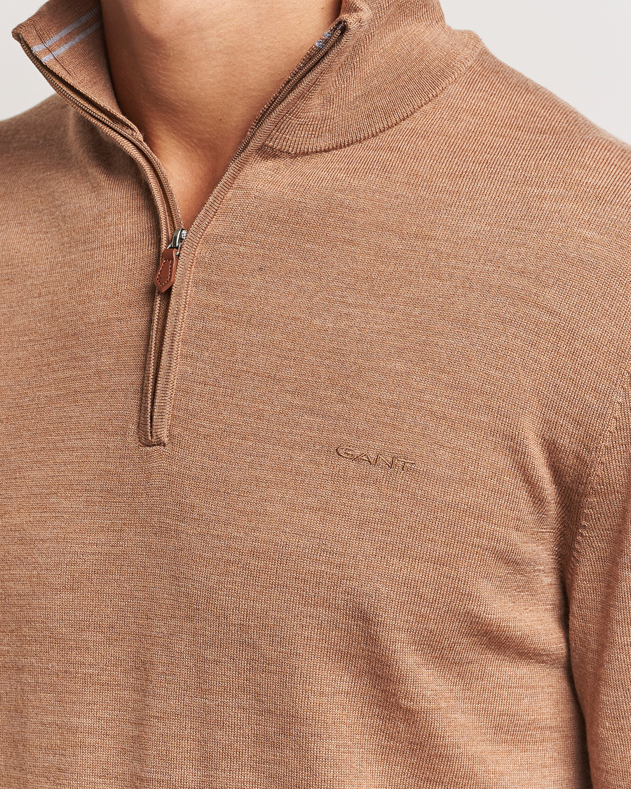 Men | Sweaters & Knitwear | GANT | Extrafine Merino Wool Half Zip Dk Sand Melange