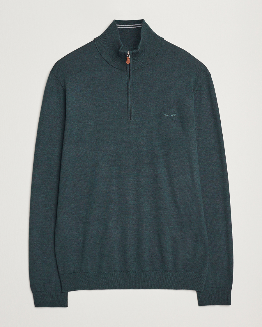 Men | Sweaters & Knitwear | GANT | Extrafine Merino Wool Half Zip Tartan Green