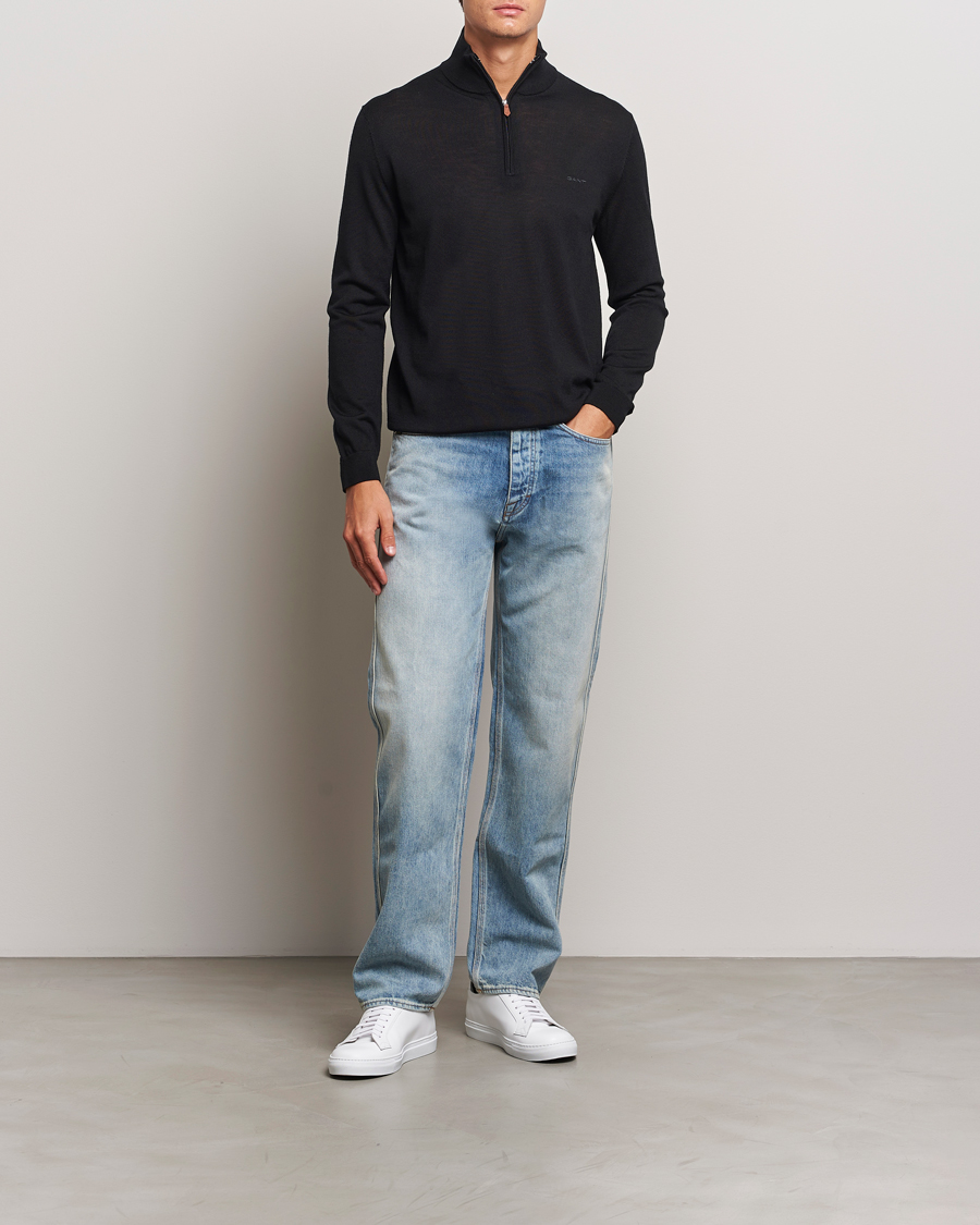 Men | Sweaters & Knitwear | GANT | Extrafine Merino Wool Half Zip Black