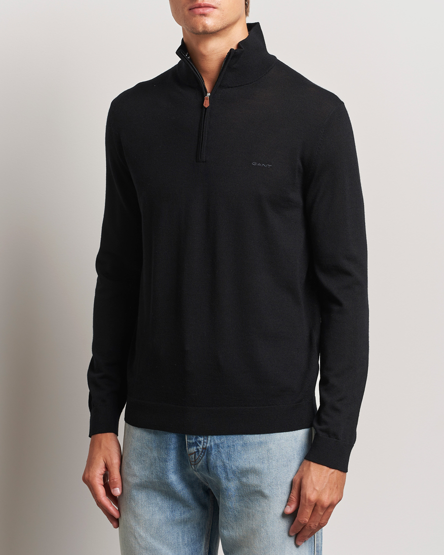 Men | Sweaters & Knitwear | GANT | Extrafine Merino Wool Half Zip Black