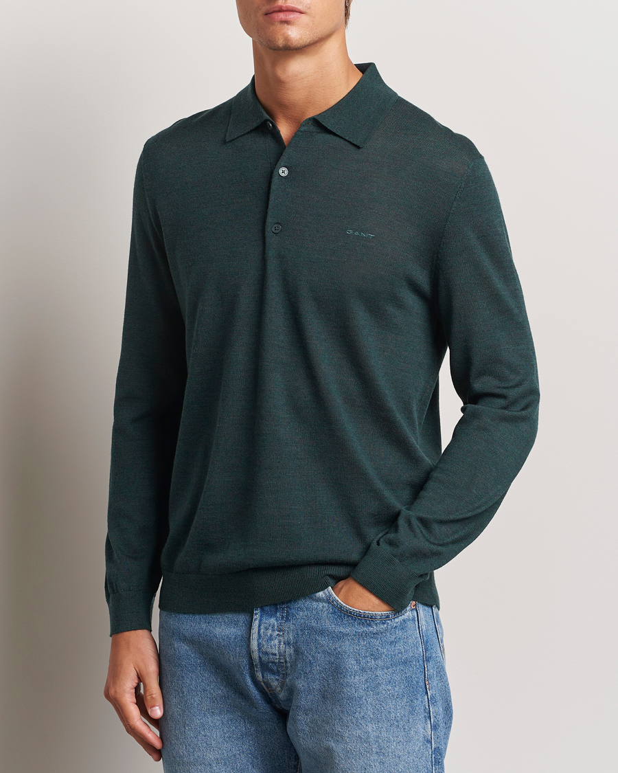 Men | Sweaters & Knitwear | GANT | Extrafine Merino Wool Polo Tartan Green