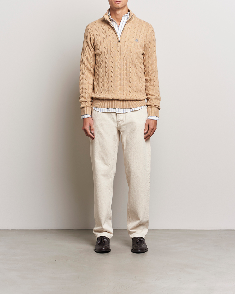 Men | Sweaters & Knitwear | GANT | Cotton Cable Half Zip Khaki Melange