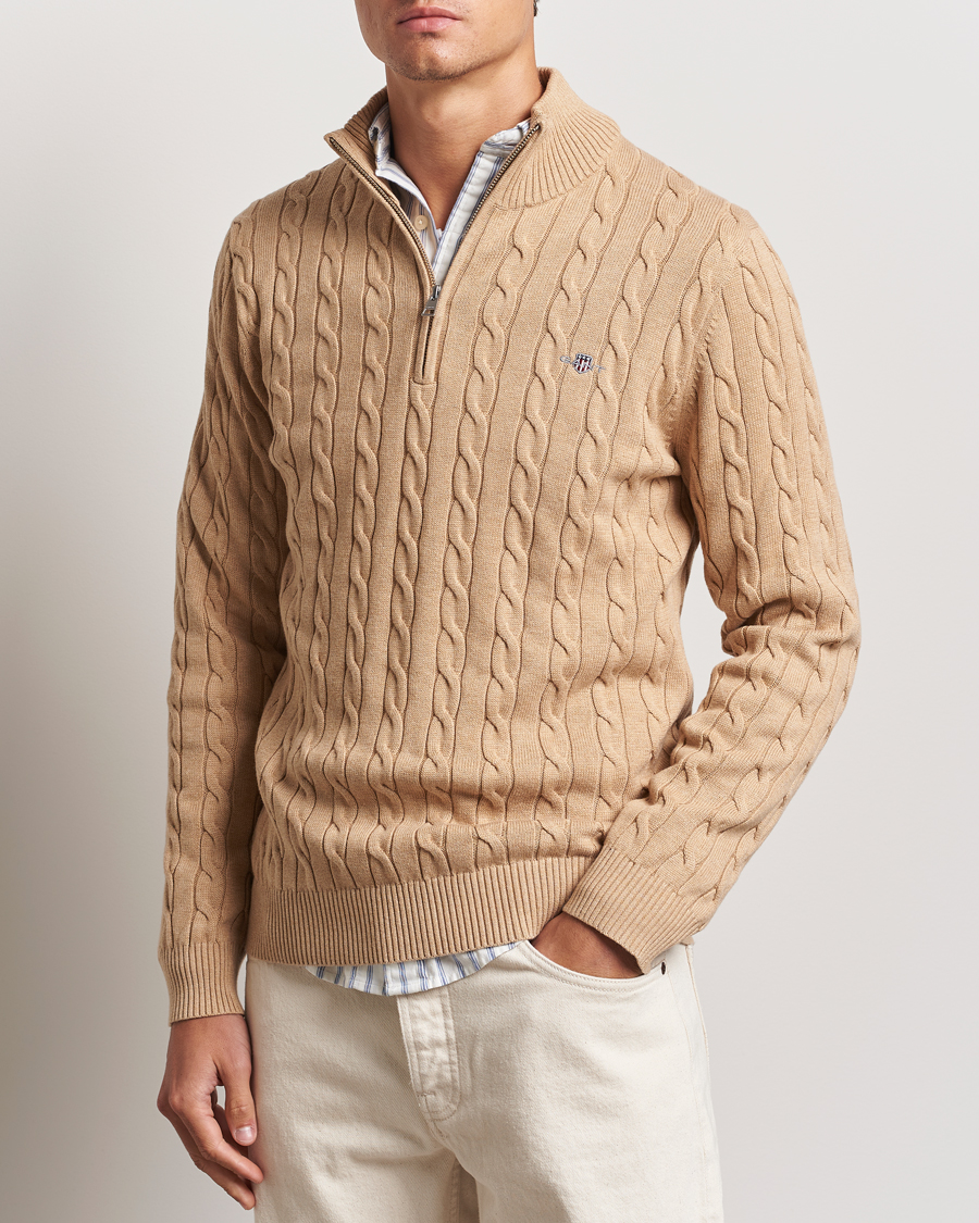 Men | Sweaters & Knitwear | GANT | Cotton Cable Half Zip Khaki Melange