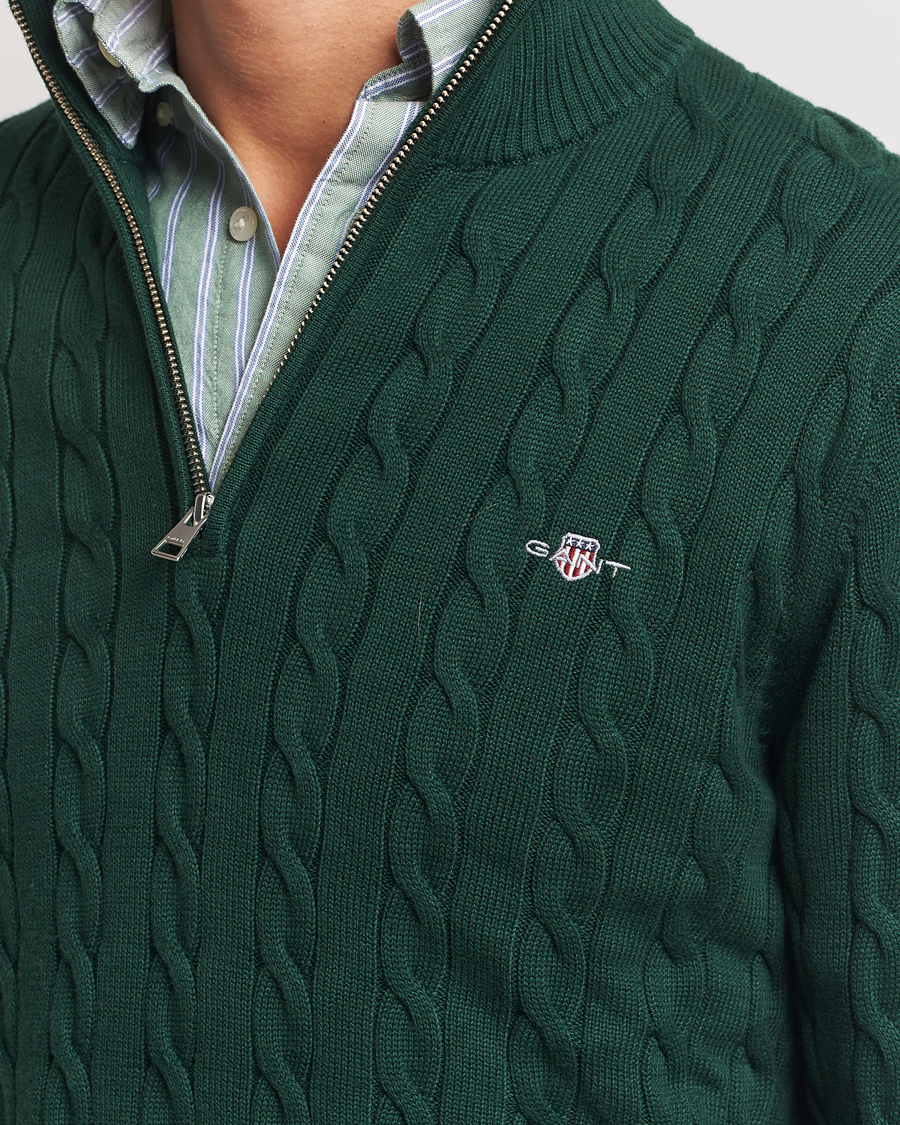 Men | Sweaters & Knitwear | GANT | Cotton Cable Half Zip Tartan Green