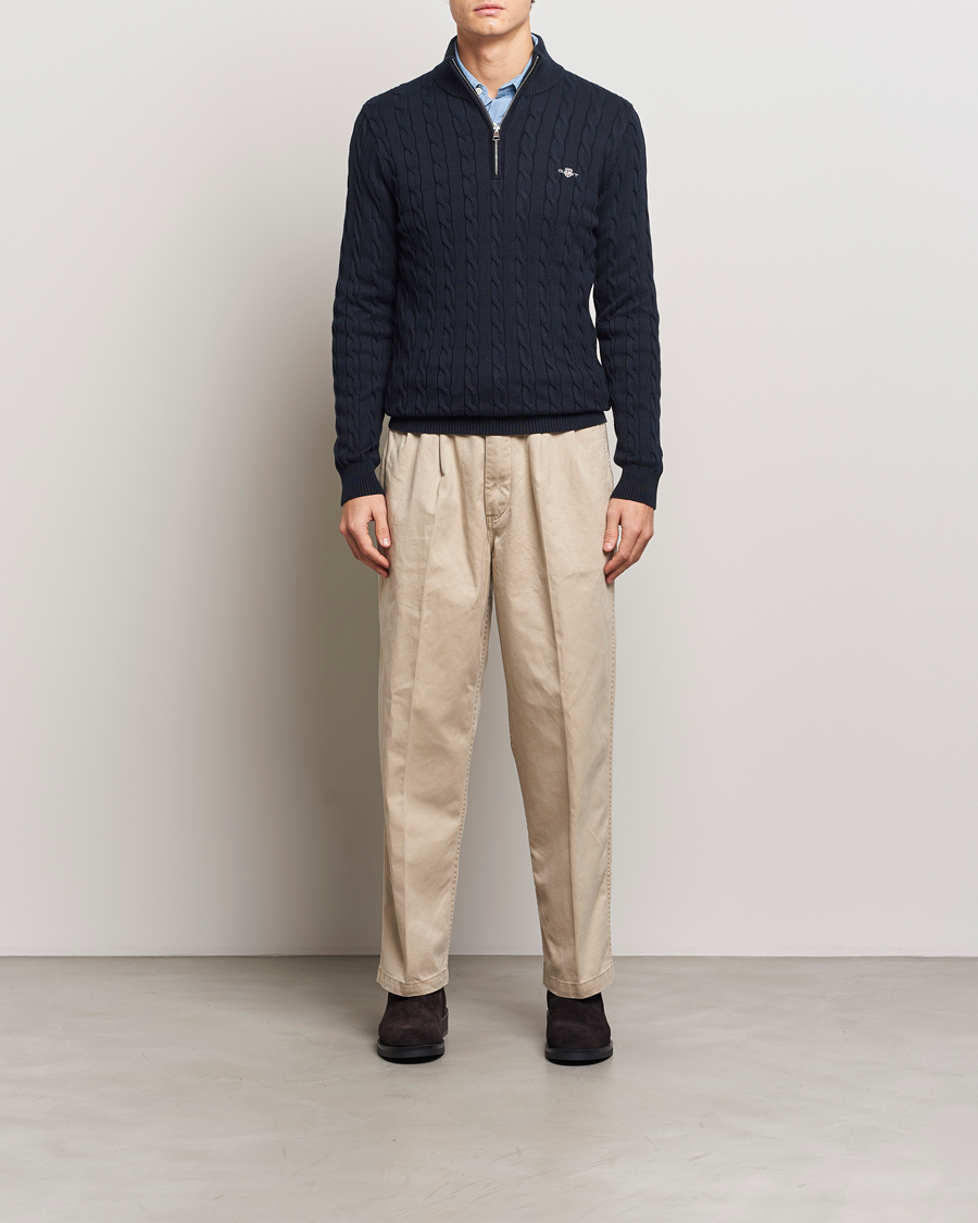 Men | Sweaters & Knitwear | GANT | Cotton Cable Half Zip Evening Blue