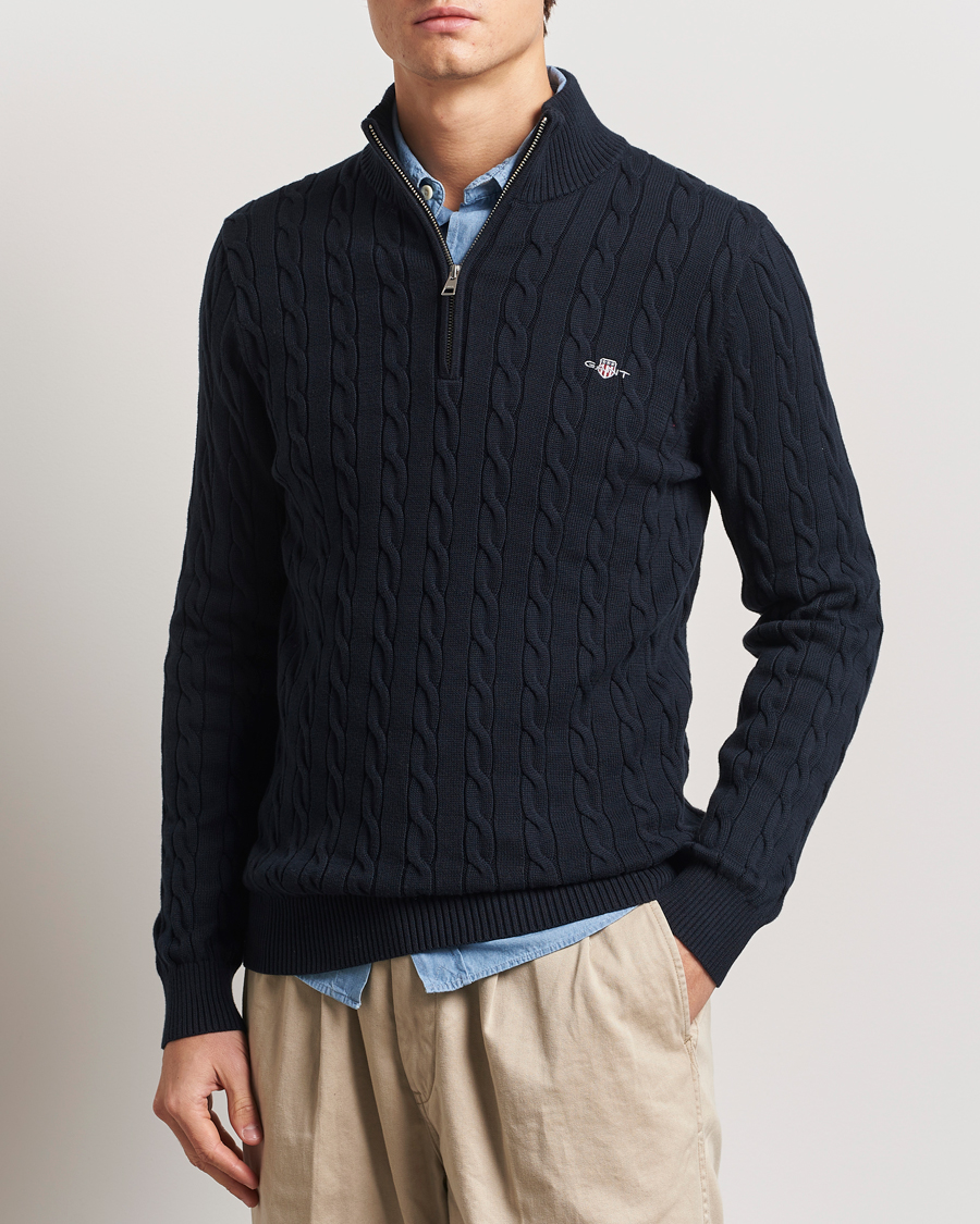 Men | Sweaters & Knitwear | GANT | Cotton Cable Half Zip Evening Blue
