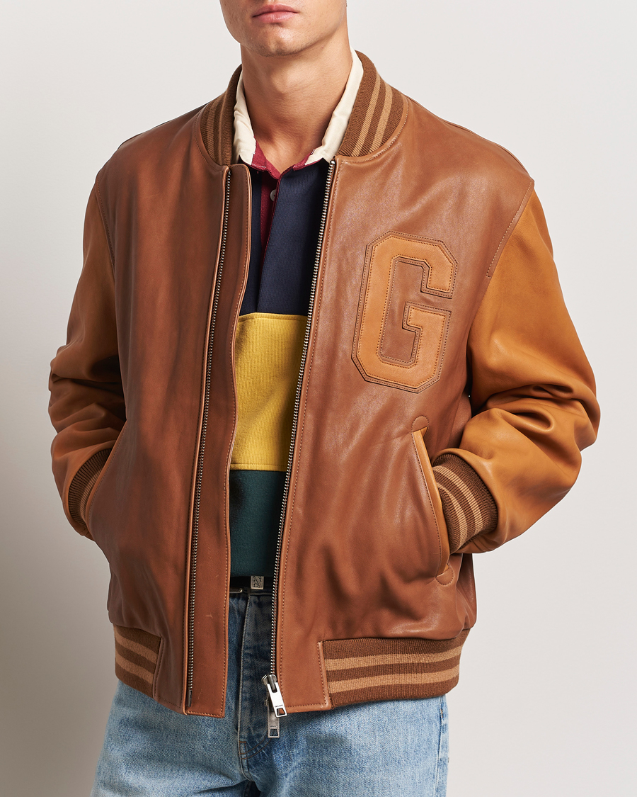 Men | Coats & Jackets | Gant | Leather Varsity Jacket Brown Sugar