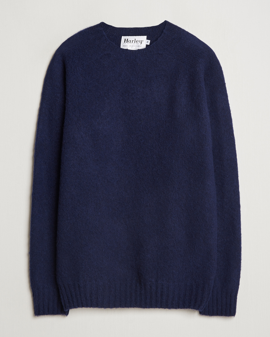 Men | Sweaters & Knitwear | Harley Of Scotland | Brushed Supersoft Lambswool Crewneck Navy