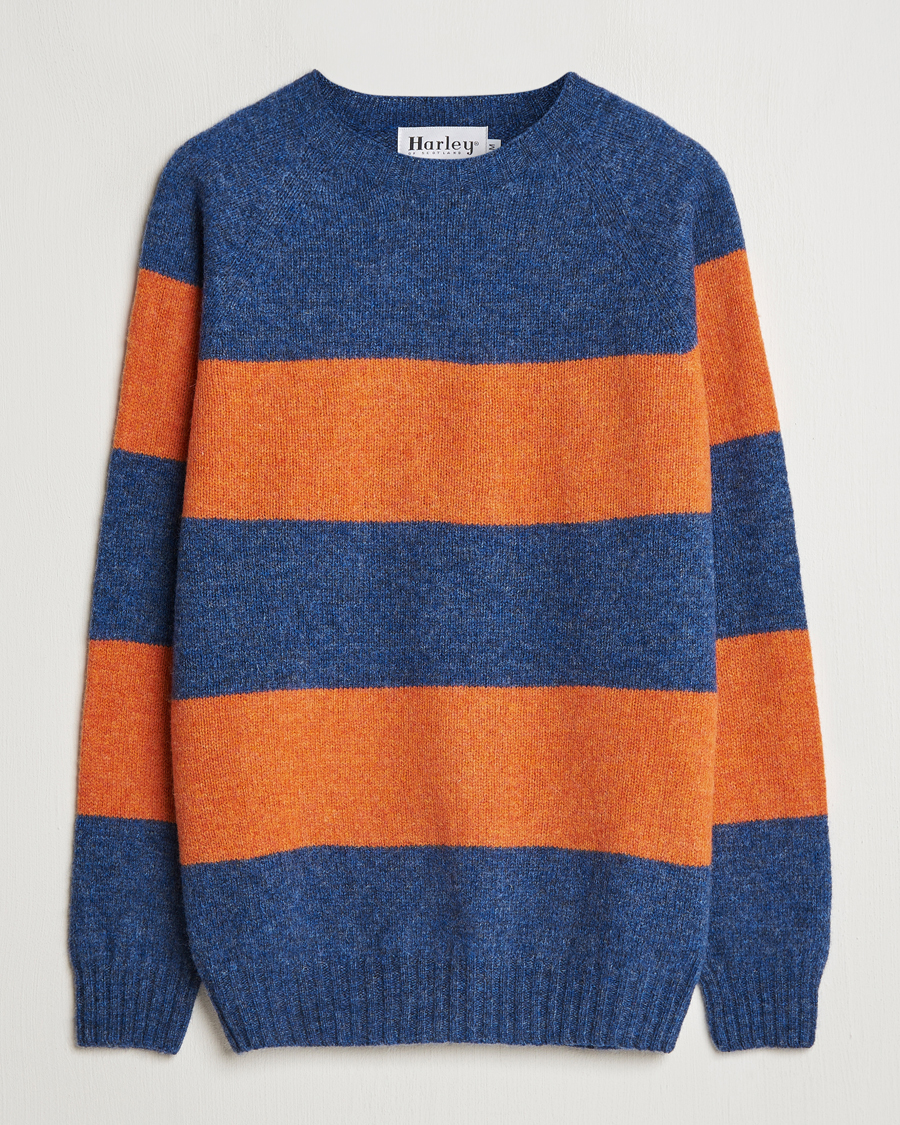 Men | Sweaters & Knitwear | Harley Of Scotland | Block Stripe Lambswool Crewneck Blue/Orange