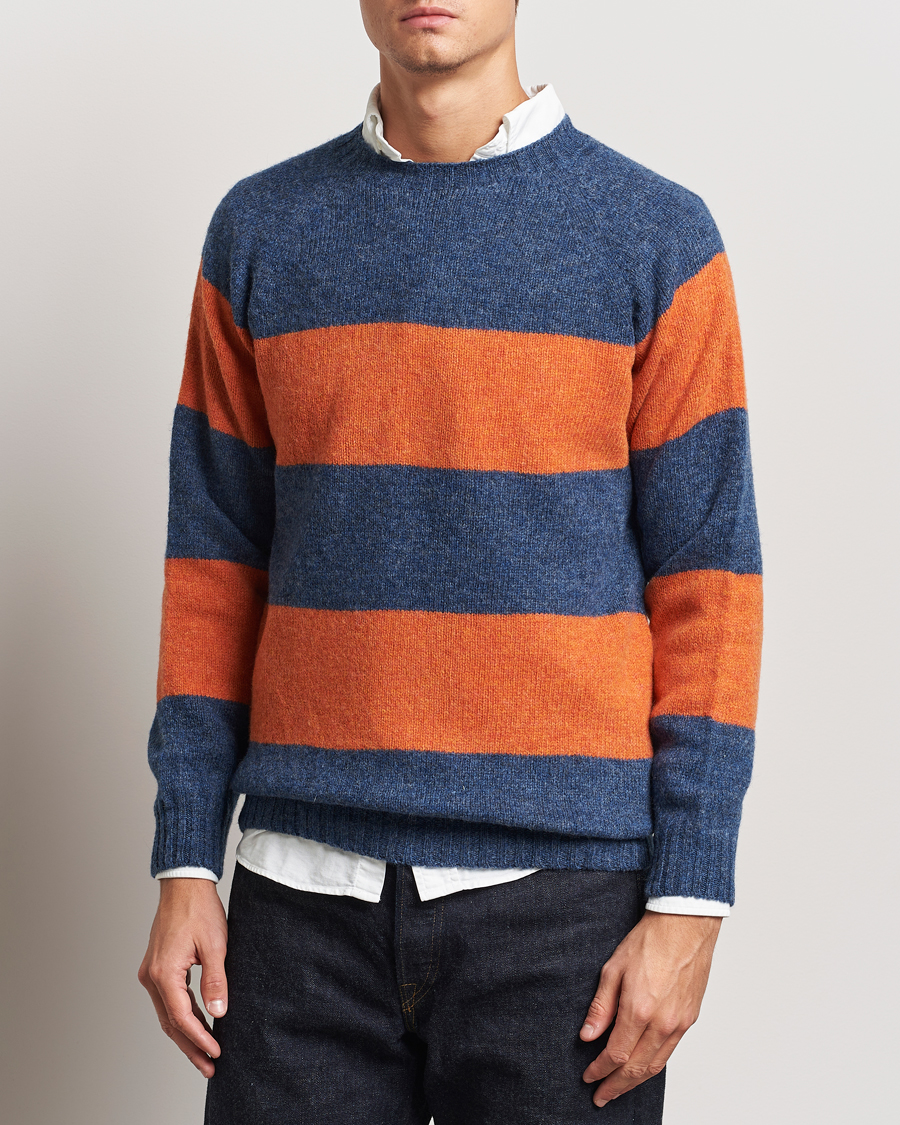 Men | Sweaters & Knitwear | Harley Of Scotland | Block Stripe Lambswool Crewneck Blue/Orange
